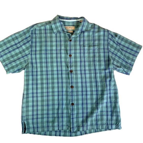 TOMMY BAHAMA Silk Casual Hawaiian Short Sleeve Shirt Large Blue Aqua Checked - Picture 1 of 4